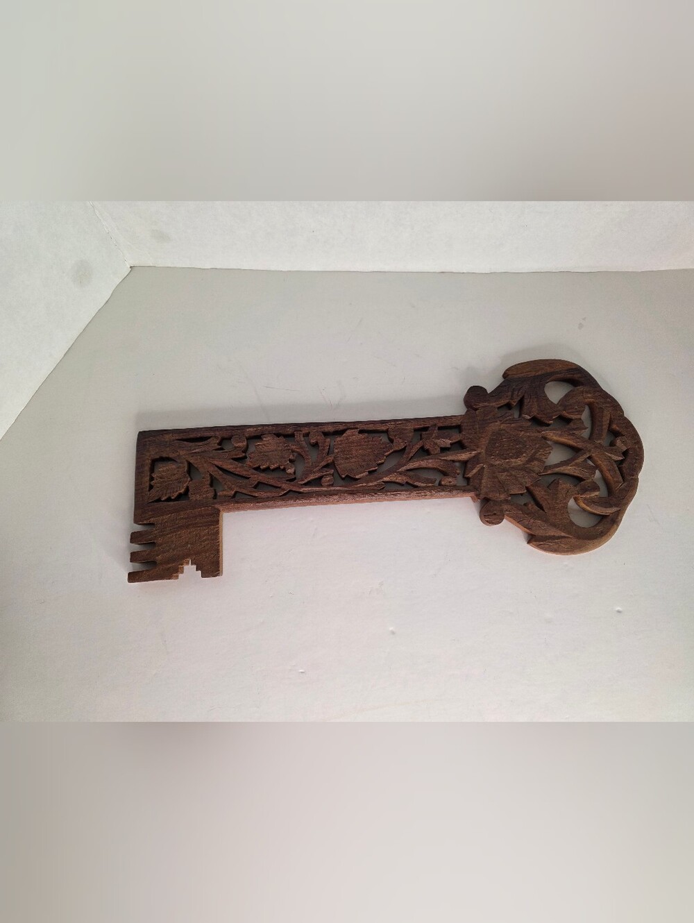 Hand-Carved Decorative Wooden Key Wall Accent - Rustic Brown